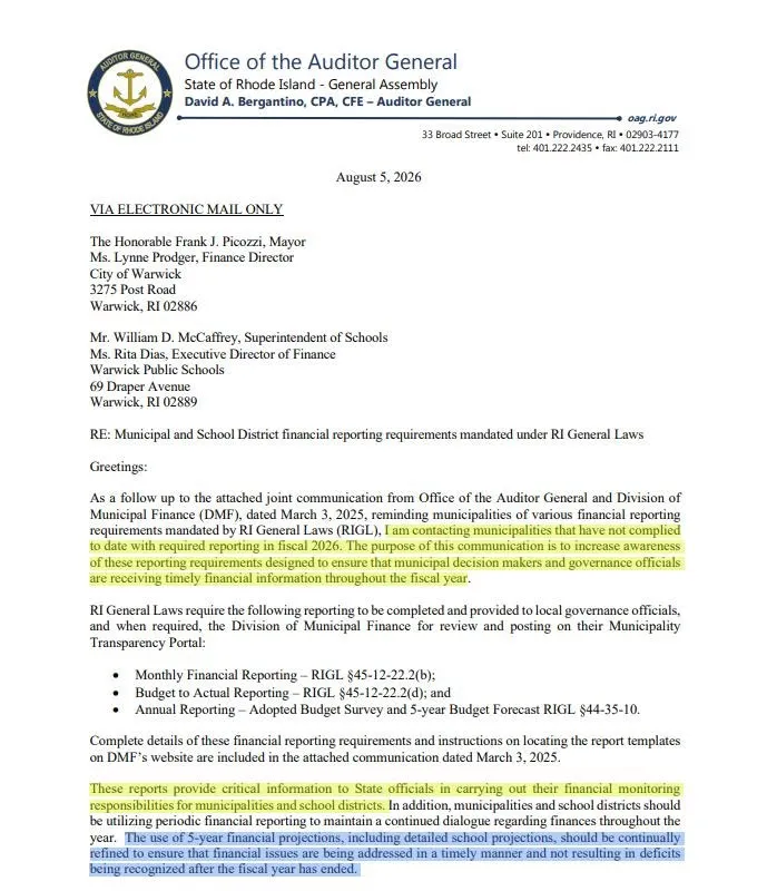 First page of the Rhode Island Auditor General letter concerning Warwick’s financial reporting