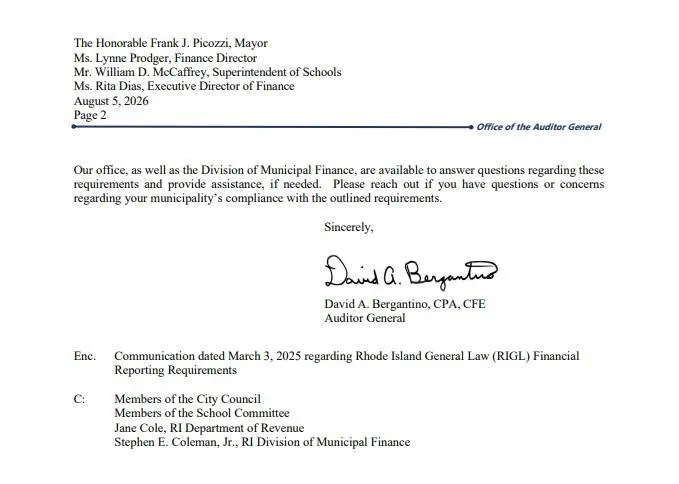 Second page of the Rhode Island Auditor General letter concerning Warwick’s financial reporting