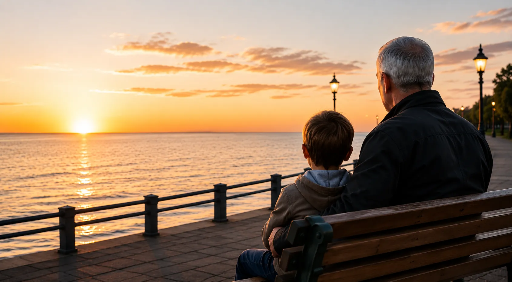 A grandfather and child looking across Warwick's waterfront